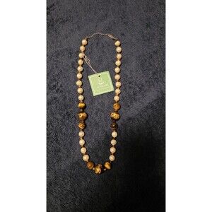 SJ Pearl Handmade Necklace Tiger Eye & Pearl Beaded Statement Gold Brown